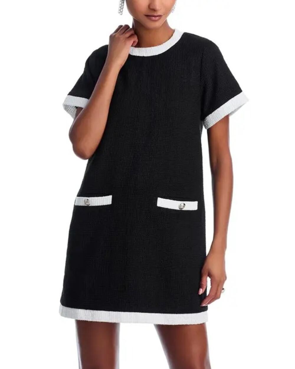 Aqua Black White Tweed Short Sleeve Crew Neck Zip T Shirt Mini Shift Dress Sz M